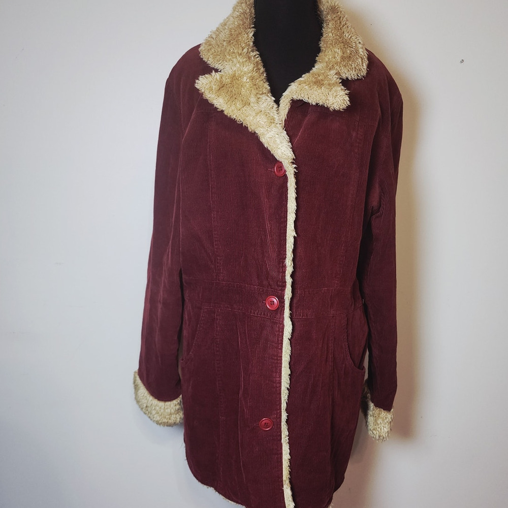 Static Women's Size  XL Red Corduroy Fur Trimmed Coat Boho Y2K Vintage - Picture 3 of 11